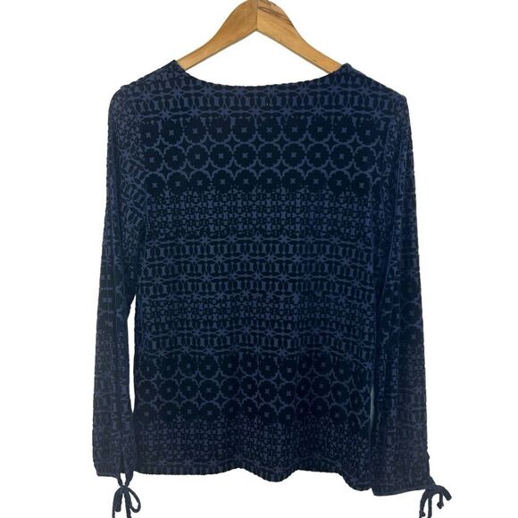Talbot Navy Blue Burnout Velvet Blouse Size S Long Sleeve Damask - Picture 7 of 12